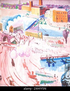 Ein Gemälde von Isaac Grünewald mit Blick auf Stockholm. Das Werk ist in einem dekorativen expressionistischen Stil ausgeführt und spiegelt die skandinavische urbane Moderne aus dem frühen 20. Jahrhundert wider. Stockfoto