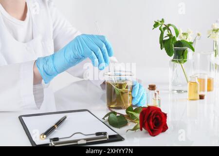 Aromatherapeutikum. Wissenschaftler, der ätherische Öle am weißen Tisch im Labor entwickelt, Nahaufnahme Stockfoto