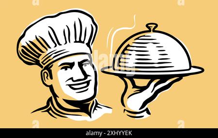 Koch mit Tablett. Männlicher Koch und Cloche. Vektor-Illustration für Restaurant- oder Café-Menü Stock Vektor