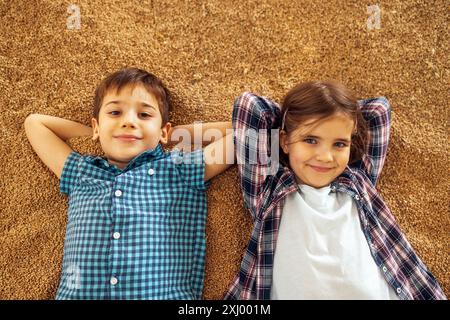 Zwei kleine Kinder in legeren Kleidern liegen auf einem Kornhaufen. Eine Schwester und ein Bruder legten ihre Hände hinter den Kopf und ruhen sich auf dem Weizen aus. A bo Stockfoto