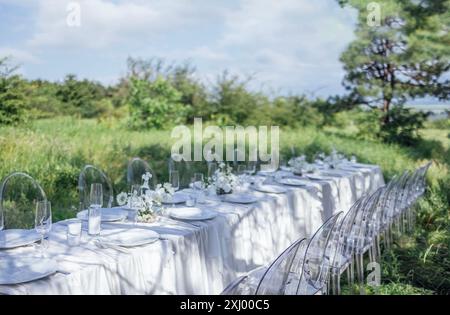 Der festliche Tisch mit weißer Tischdecke ist mit Blumen dekoriert. Leere Teller und Gläser warten auf die Gäste. Ein Festessen im Garten. A Stockfoto