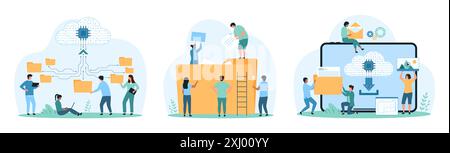 Service-Set für Cloud-Datenspeicherung. Winzige Leute legen digitale Dokumente in Ordner, arbeiten mit Cloud-Verzeichnissen und einem Netzwerk von Archiven, laden Informationen herunter und übertragen sie, um Cartoon-Vektorillustrationen zu teilen Stock Vektor