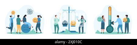 Zufriedenheitsumfrage mit Emoji zur Kundenstimmung aus Produkt- oder Serviceerfahrung. Winzige Leute versuchen, traurige Emotionen zu ändern, positive negative Emoticons auf Skalen zu wiegen Cartoon Vektor Illustration Stock Vektor