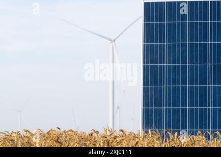 Sonnenkollektor und Windkraftanlage auf einem landwirtschaftlichen Feld. Nachhaltige Energie... Stockfoto