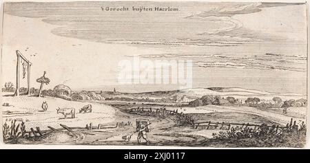 Stich von Esaias van de Velde und Claes Jansz. Visscher zeigt den Galge-Hügel bei Haarlem in den Niederlanden mit Landschaftsbildern und topografischen Merkmalen. Stockfoto