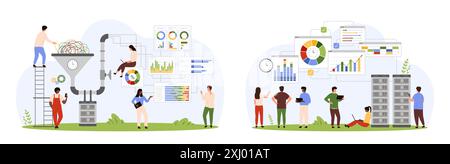 Data Mining, Klassifizierung digitaler Informationen und technischer Dokumente. Winzige Menschen arbeiten mit großen Trichtern und Servern, Konvertierungsprozess von Datenflussanalysen, Analysen Cartoon Vektor Illustration Stock Vektor