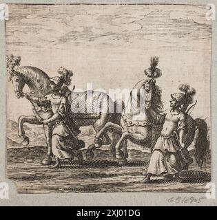 Ein Kupferstich, der zwei Pferde zeigt, die von Figuren in orientalischer Kleidung geritten wurden und die Bewegung des Pferdes, Kleidung und Landschaftselemente zeigt. Stockfoto