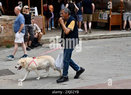 Ein Mann spielt Mundharmonika, während er mit seinem Hund in San Gimignano in der Toskana, Italien, spaziert Stockfoto