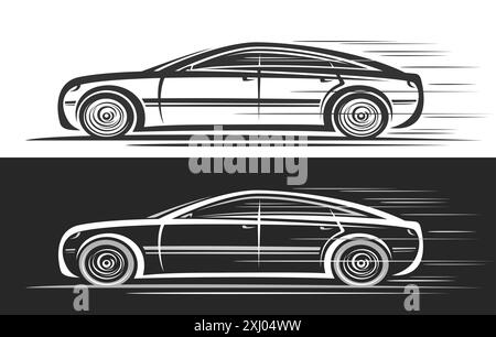 Vektor-Logo für futuristisches Auto, dekorative Automobil-Banner mit Clip-Art-Illustration des modernen Konzeptfahrzeugs in Bewegung, Line-Art läuft monochrom Stock Vektor