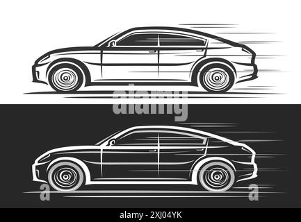 Vektor-Logo für Hatchback Car, Automobil dekorative Banner mit Clipart-Illustration des modernen Konzeptfahrzeugs in Bewegung, Line Art läuft monochrome sp Stock Vektor