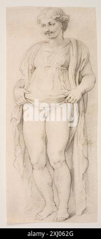 Zeichnung von Peter Paul Rubens mit einer stehenden hermaphroditischen Figur, die Anatomie, Haltung und klassische Studien der menschlichen Form in der flämischen Kunst des 17. Jahrhunderts zeigt. Stockfoto