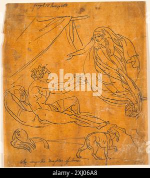 Zeichnung eines Mannes, der sich hinlegt und seine Arme auf eine schwebende Frau ausdehnt, illustriert Figurenstudien von Nicolai Abildgaard. Stockfoto