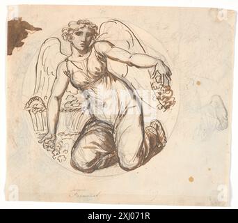 Zeichnung von Nicolai Abildgaard, die eine geflügelte weibliche Figur in einem kreisförmigen Feld darstellt, wobei der Schwerpunkt auf einer detaillierten Untersuchung des linken Fußes der Figur liegt. Stockfoto