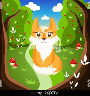 Niedliche Fuchsfigur in Wald-Cartoon-Illustration. Flora und Fauna, Natur. Zeichentrickgrafik-Vektor-Illustration. Kinderillustration. Stockfoto