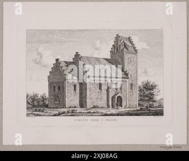Ätzung von Julius Magnus-Petersen und Jacob Kornerup, die Gumlöse-Kirche in Skåne zeigt, die Äußere, den Turm, das Dach und die umgebende Landschaft im skandinavischen Stil des 19. Jahrhunderts zeigt. Stockfoto