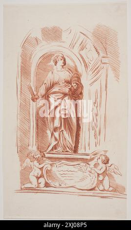 Zeichnung von Jacques Francois Joseph Saly, die eine allegorische weibliche Figur in einer Nische darstellt, einen Schlüssel, ein Diadem und einen möglichen Pfosten hält, mit zwei Engelskindern und einem Schild darunter, die Komposition und Figurenstudie zeigen. Stockfoto