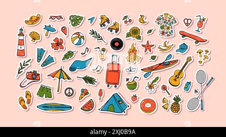 Großes Set mit Doodle-Stickern im Sommer-Design Stock Vektor