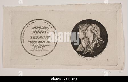 Gravur von Kreidestich aus den Jahren 1767 bis 1816 von G.N., der den französischen Monarchen Ludwig XVI., seine Königin Marie Antoinette und ihr Kind in einem kreisförmigen Medaillonformat zeigt, typisch für königliche Gedenkdrucke. Stockfoto