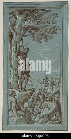 Diese Zeichnung von Domenico Campagnola zeigt Johannes den Täufer, der in einer Wüstenlandschaft predigt und Gesten, Kleidung und karge Umgebung zeigt. Stockfoto