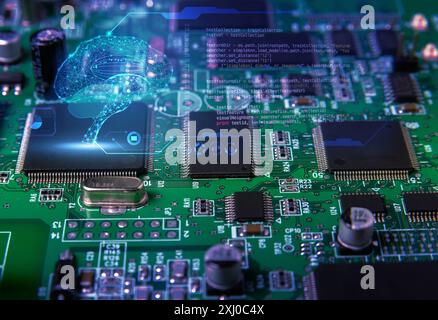 Künstliches Intelligenzkonzept mit Mikrochip und digitalem Hirn-Overlay. Steht für KI, Technologie, Innovation und maschinelles Lernen. Stockfoto