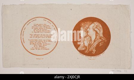 Buntstich von 1767–1816 von G.N. mit einem Medaillon mit Porträts von König Ludwig XVI. Von Frankreich, Königin Marie Antoinette und ihrem Sohn. Der Druck stellt französische königliche Porträts im neoklassizistischen Stil dar. Stockfoto
