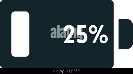 Symbol Akku bei 25 Ladezustand: Eine Vektorgrafik in Schwarzweiß, vollständig gefüllt dargestellt. Stock Vektor