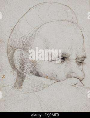 Zeichnung von Hans Holbein dem Älteren (1460–1524), die den Kopf eines Querbogenmanns zeigt, der Gesichtsausdruck, Fokus und Blickwinkel für Figurenstudien hervorhebt. Stockfoto