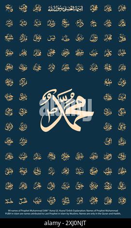 Arabische Kalligraphie, 99 Name des Propheten Muhammad, 'Asma ul Nabi, bedeutet: Der Prophet Muhammad ist der letzte Gesandte im Islam. Stock Vektor