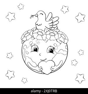 Der süße Planet Erde hält ein Herz in ihren Händen. Auf dem Kopf ist ein Blumenkranz und eine Taube, ein Symbol des Friedens. Malbuch-Seite für Kinder. Cartoon s Stock Vektor