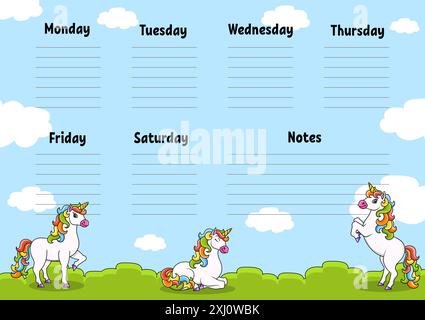 Schulplan mit niedlichem Einhorn. Für die Erziehung von Kindern. Isoliert auf blauem Hintergrund. Mit einer niedlichen Zeichentrickfigur. Stock Vektor