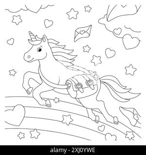 Einhorn-Postbote mit einer Tüte Liebesbriefe. Malbuch-Seite für Kinder. Valentinstag. Figur im Cartoon-Stil. Vektorillustration isoliert auf Wi Stock Vektor