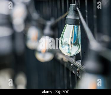 Niederspannungs-Lichterkette am schwarzen Außenzaun mit etwas blauem in der Glühlampe reflektiertem Licht. Stockfoto