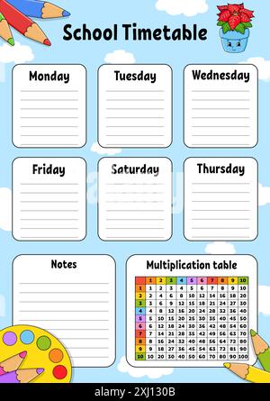 Schulplan. Für die Erziehung von Kindern. Isoliert auf farbigem Hintergrund. Mit einer niedlichen Zeichentrickfigur. Vektorabbildung. Stock Vektor