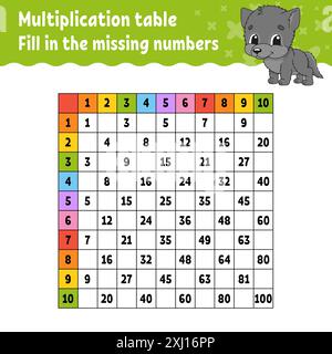 Fügen Sie die fehlenden Zahlen ein. Lernmultiplikationstabelle. Handschriftverfahren. Arbeitsblatt zur Entwicklung von Schulungen. Aktivitätsseite Farbe. Spiel für Kinder Stock Vektor