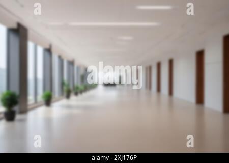 Geschäftskonzepte und Arbeitsbereich. Verschwommener Hintergrund eines modernen Bürokorridors. Gut beleuchtete Fenster mit Blick auf die Stadt. Moderne Business-Einrichtungen Stockfoto