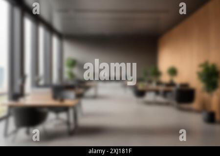Geschäftskonzepte und Arbeitsbereich. Verschwommener Hintergrund einer gut beleuchteten modernen Büroeinrichtung mit Pflanzen und Holzschreibtischen. Moderne Business-Einrichtungen Stockfoto