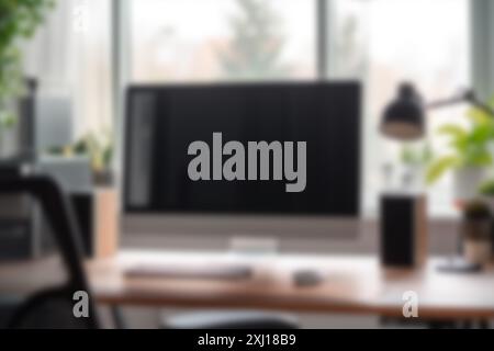 Geschäftskonzepte und Arbeitsbereich. Verschwommener Hintergrund eines Schreibtisches mit einem Desktop-Computer in einem modernen Büro mit guter Beleuchtung durch ein Erkerfenster. Stockfoto