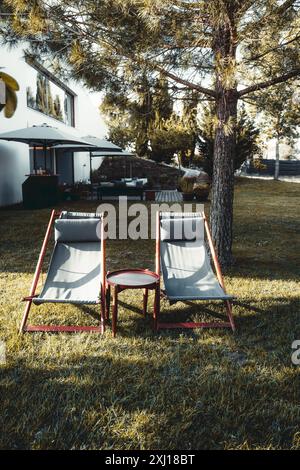Zwei hölzerne Liegestühle mit grauen Stoffsitzen stehen auf einem grasbewachsenen Rasen neben einem kleinen runden Tisch. Die Umgebung liegt in einem Garten mit einem Baum Stockfoto