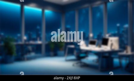 Geschäftskonzepte und Arbeitsbereich. Verschwommener Hintergrund einer modernen Büroeinrichtung mit riesigen Fenstern mit Blick auf die Stadt bei Nacht. Moderne Geschäftseinrichtung Stockfoto