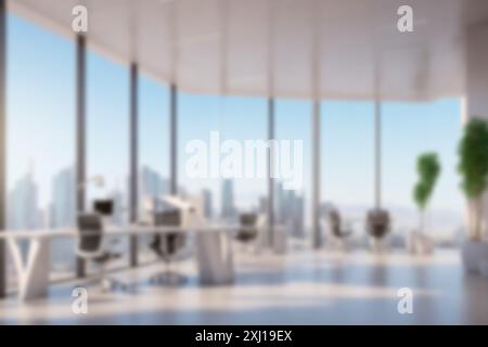 Geschäftskonzepte und Arbeitsbereich. Verschwommener Hintergrund eines hellen, modernen Büroinnenraums mit Fenstern mit Blick auf die Stadt. Moderne Business-Einrichtungen Stockfoto