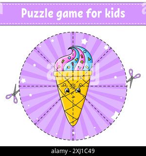 Schneiden und spielen. Rundes Puzzle. Logikpuzzle für Kinder. Aktivität". Geburtstagsthema. Schnittpraxis für die Vorschule. Zeichentrickfigur. Stock Vektor
