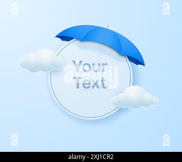 Runder Glasrahmen unter einem Schirm auf blauem Hintergrund mit Wolken. Freier Platz für Ihren Text. Vektorabbildung. Stock Vektor