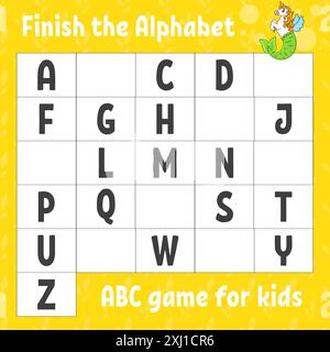 Das Alphabet fertig stellen. ABC-Spiel für Kinder. Arbeitsblatt zur Entwicklung von Schulungen. Lernspiel für Kinder. Aktivitätsseite Farbe. Stock Vektor