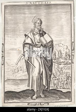 Dieser Kupferstich von Nicolaes de Bruyn zeigt den heiligen Matthäus und zeigt Gesichtszüge, Vorhänge und symbolische Elemente in der europäischen religiösen Kunst des 17. Jahrhunderts. Stockfoto