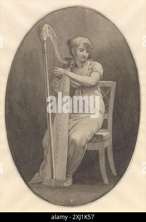 Eine Zeichnung einer Harfenspielerin, die ihre Haltung, das Instrument und ihre Hand auf den Saiten zeigt. Stockfoto