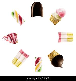 Rahmen, Logo mit Eiscreme, Lolly mit Erdbeere, Minze, Vanille, Himbeere, Schokoladenglasur. Handmalerei Frucht Popsicle Aquarell Illustration ist Stockfoto