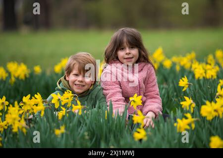 Porträt eines niedlichen Bruders und einer niedlichen Schwester. Ein 7-jähriges Mädchen und ein 5-jähriger Junge haben Spaß in der Natur. Sitzt zwischen gelben Narzissen. Ich liebe es Stockfoto