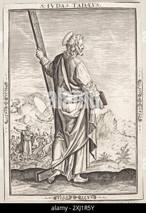 Kupferstich von Nicolaes de Bruyn, der den Heiligen Jude Thaddeus darstellt und den heiligen, symbolische Attribute und kompositorische Elemente zeigt. Stockfoto