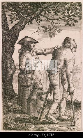 Kupferstich von David Vinckboons und Claes Jansz. Visscher zeigt einen Bettler mit Krücken, begleitet von einer Frau und einem Kind auf der Straße, zeigt Kleidung, Gesten und Interaktion. Stockfoto