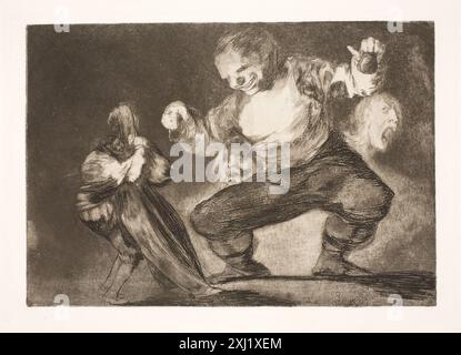 Ein Kupferstich von Francisco de Goya (1746–1828) aus der Serie „Los Caprichos“, der eine groteske Figur darstellt, die Torheit und moralische Korruption symbolisiert. Der Druck veranschaulicht Goyas satirischen und moralistischen Stil. Stockfoto